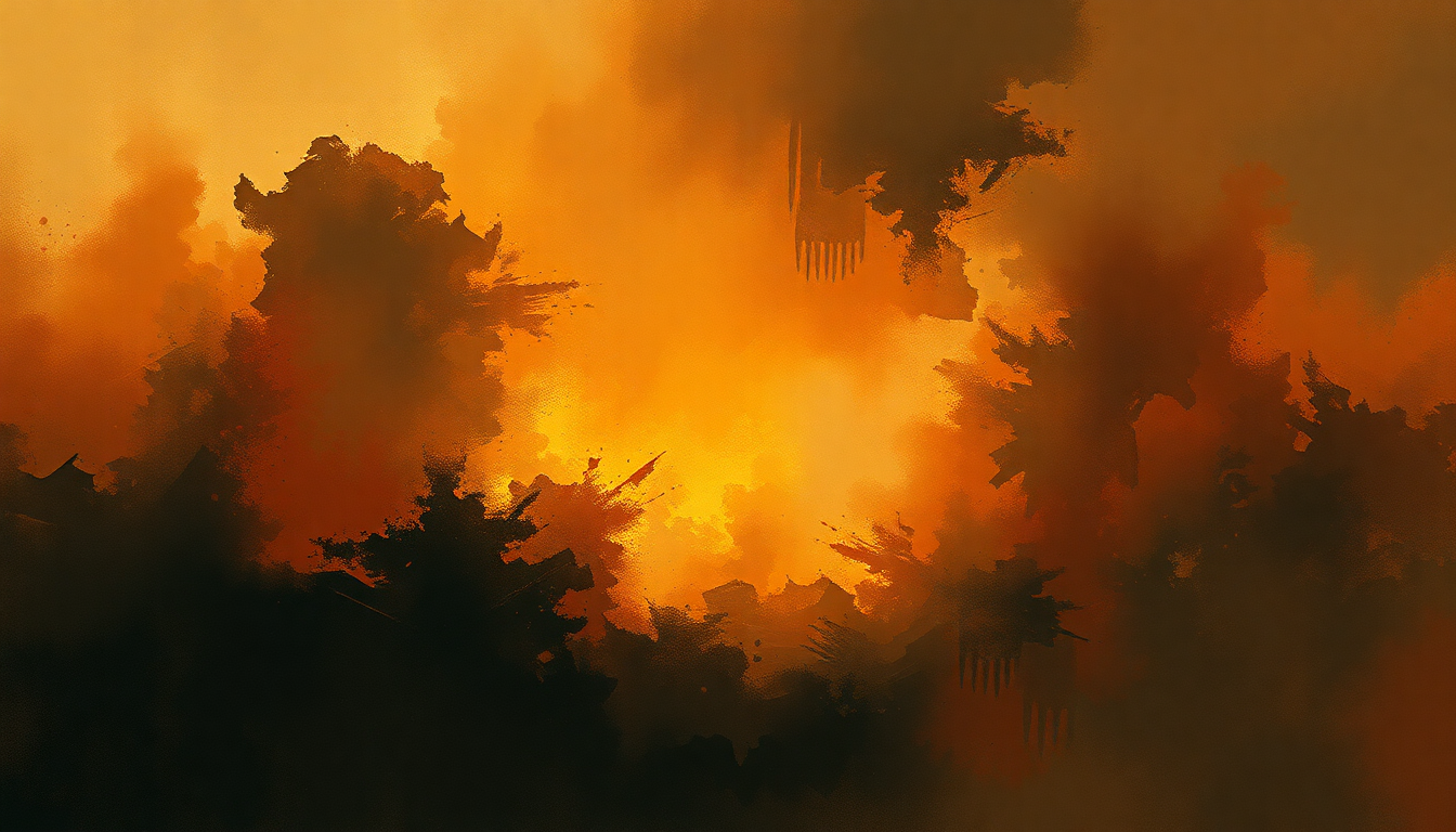 Fan-driven abstract illustration evoking the emotional arc of 1812 Overture by Pyotr Ilyich Tchaikovsky