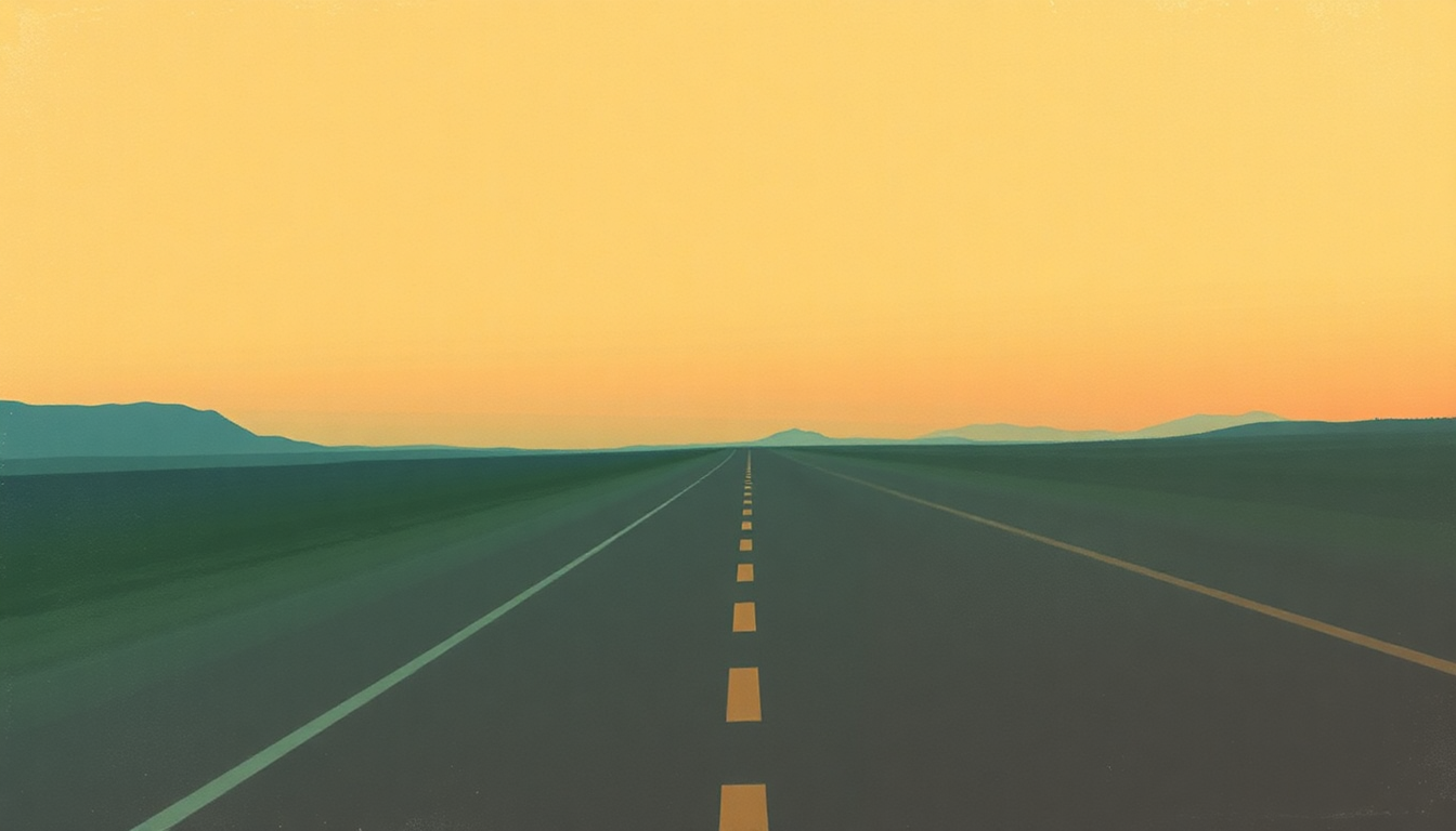 Fan-driven abstract illustration evoking the emotional arc of Amarillo Highway by Robert Earl Keen