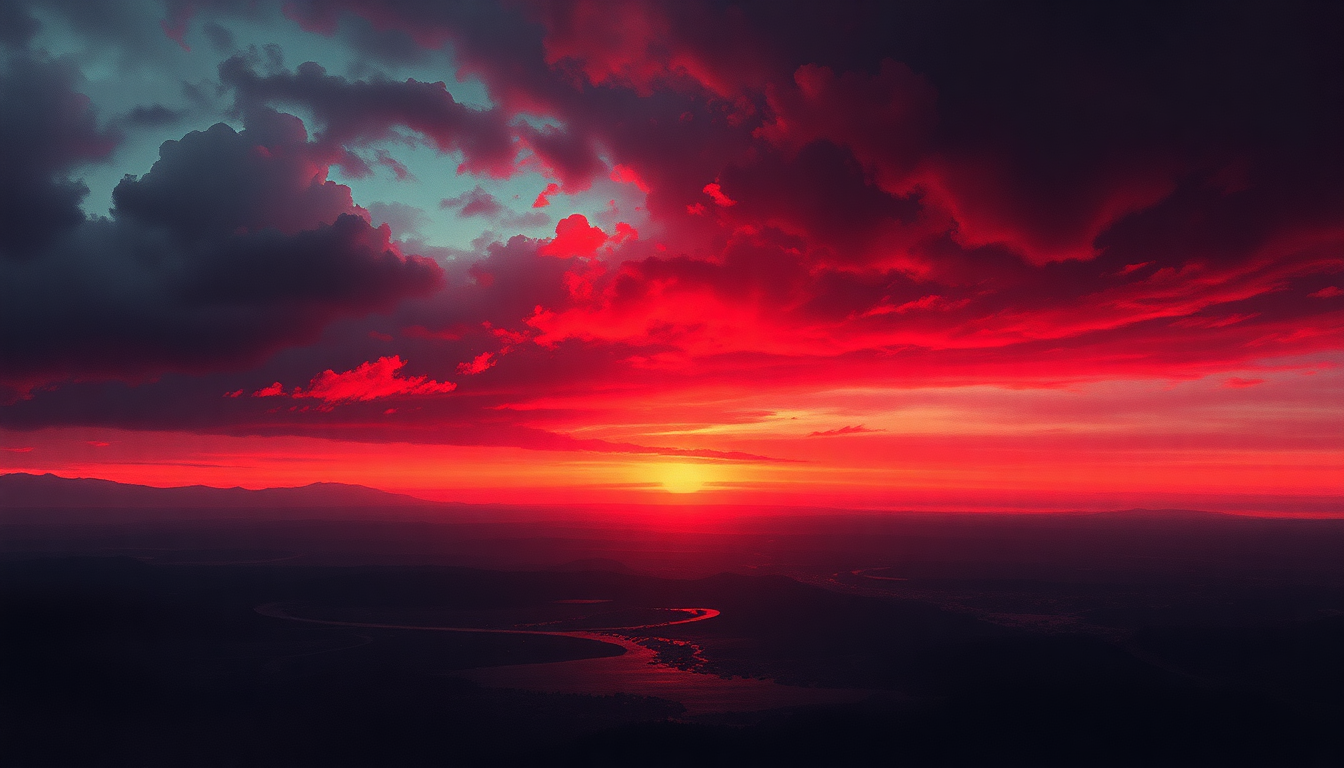 Fan-driven abstract illustration evoking the emotional arc of Blood Red Skies by Judas Priest