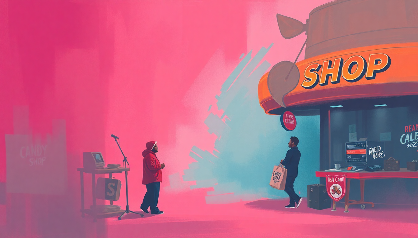 Fan-driven abstract illustration evoking the emotional arc of Candy Shop by 50 Cent