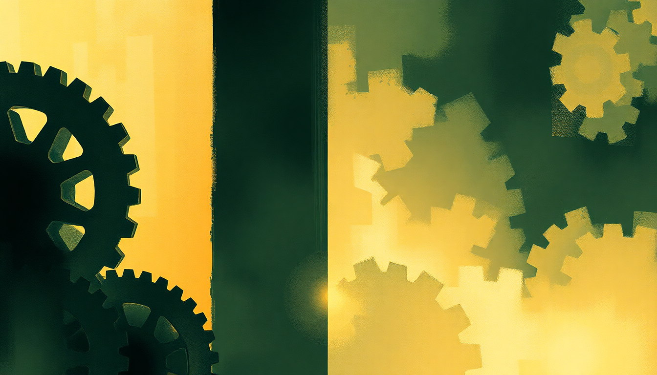 Fan-driven abstract illustration evoking the emotional arc of Cogs in Cogs by Gentle Giant