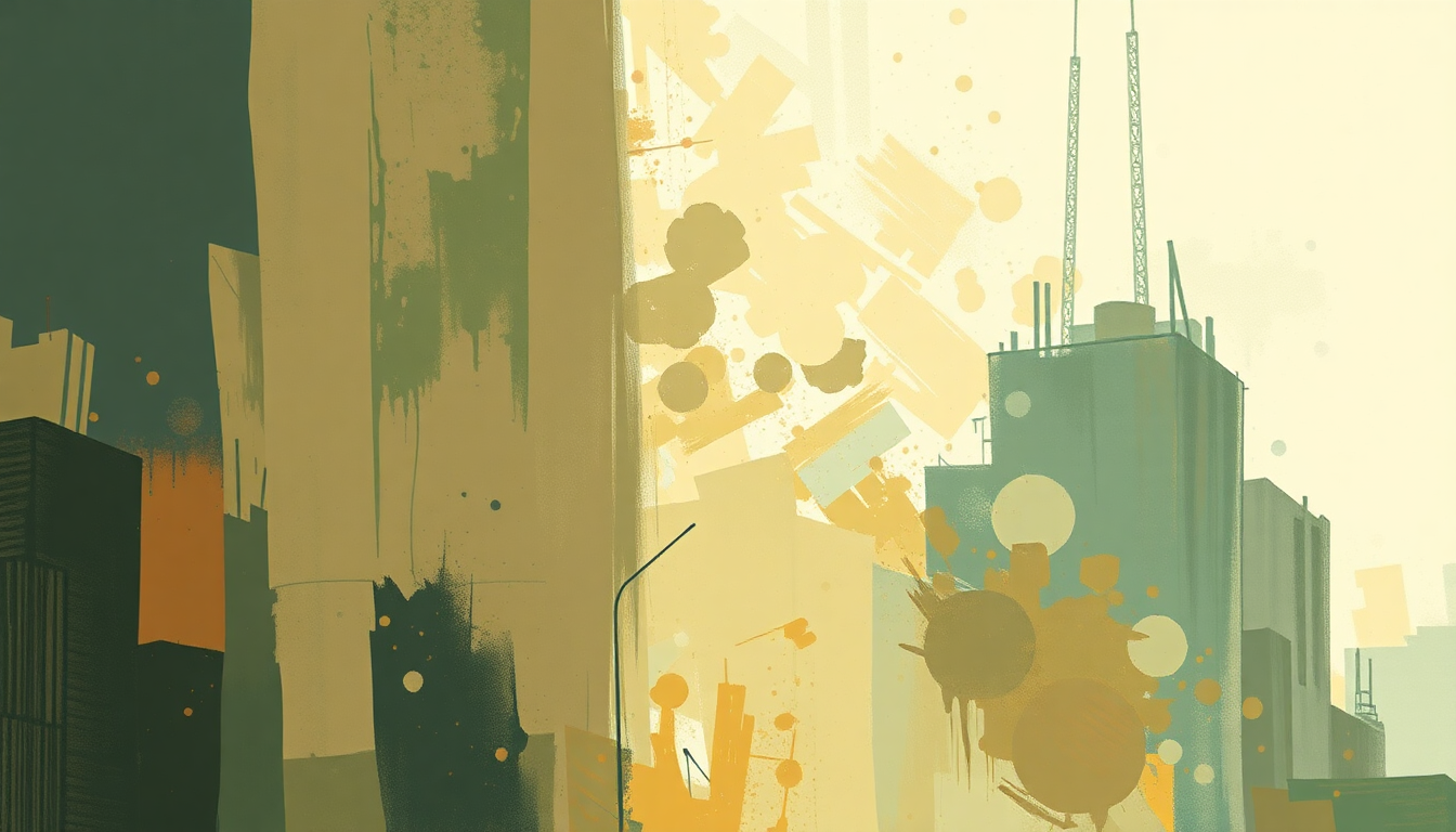 Fan-driven abstract illustration evoking the emotional arc of Demolition City by Sly and Robbie