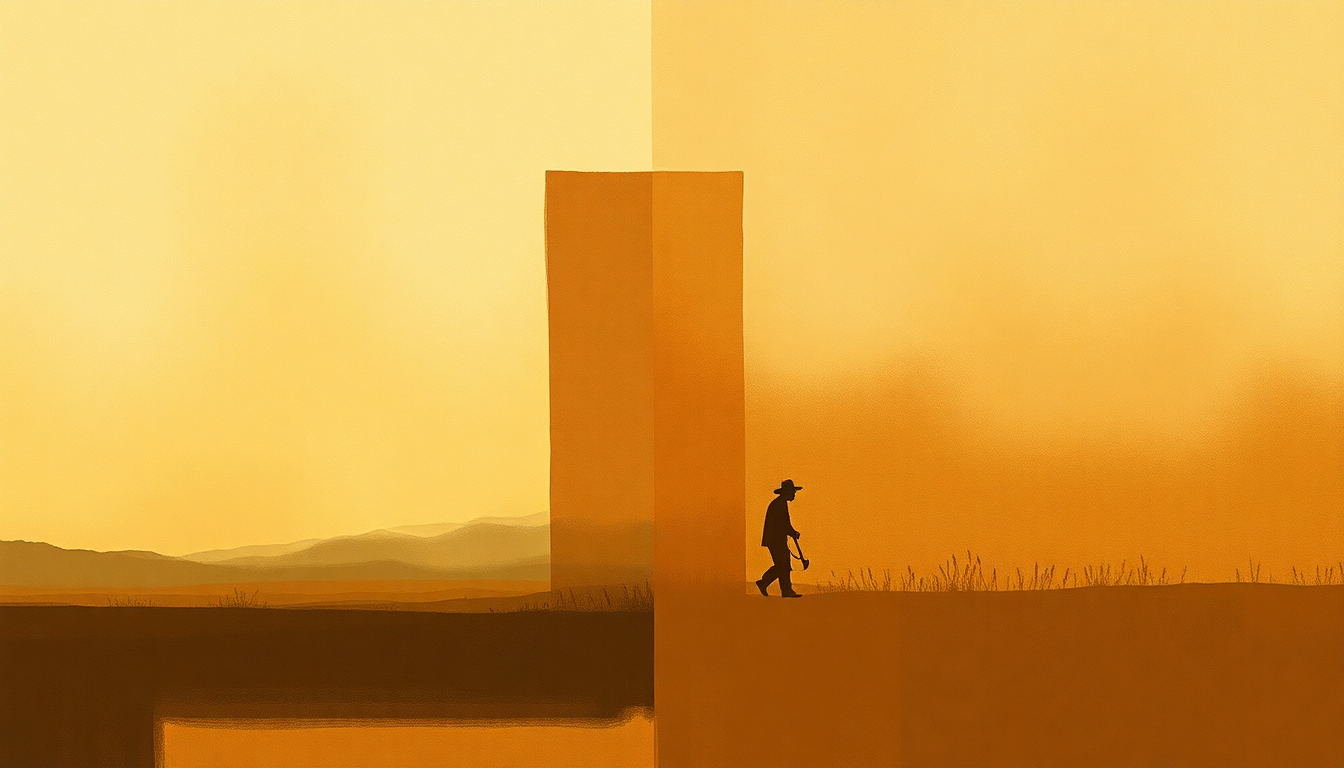 Fan-driven abstract illustration evoking the emotional arc of Dust Bowl Refugee by Woody Guthrie