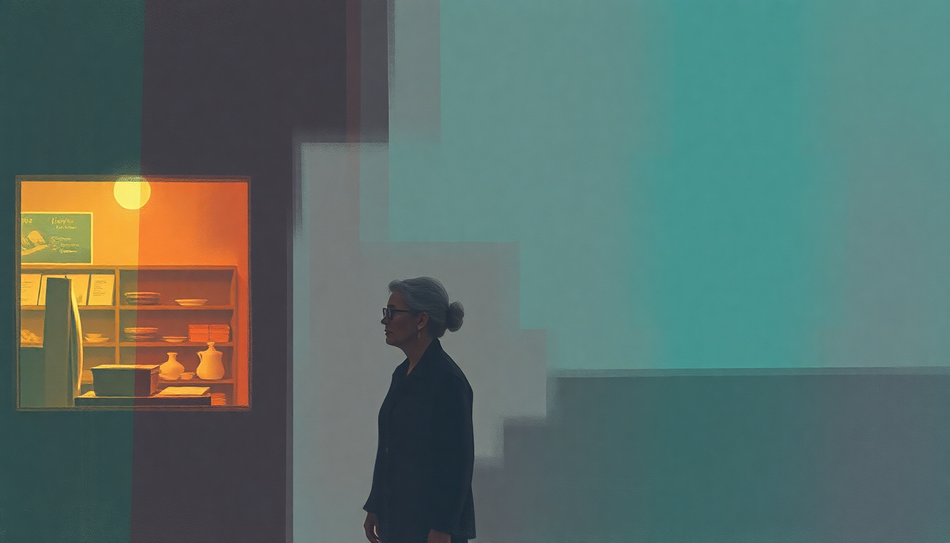 Fan-driven abstract illustration evoking the emotional arc of Elderly Woman Behind the Counter in a Small Town by Pearl Jam