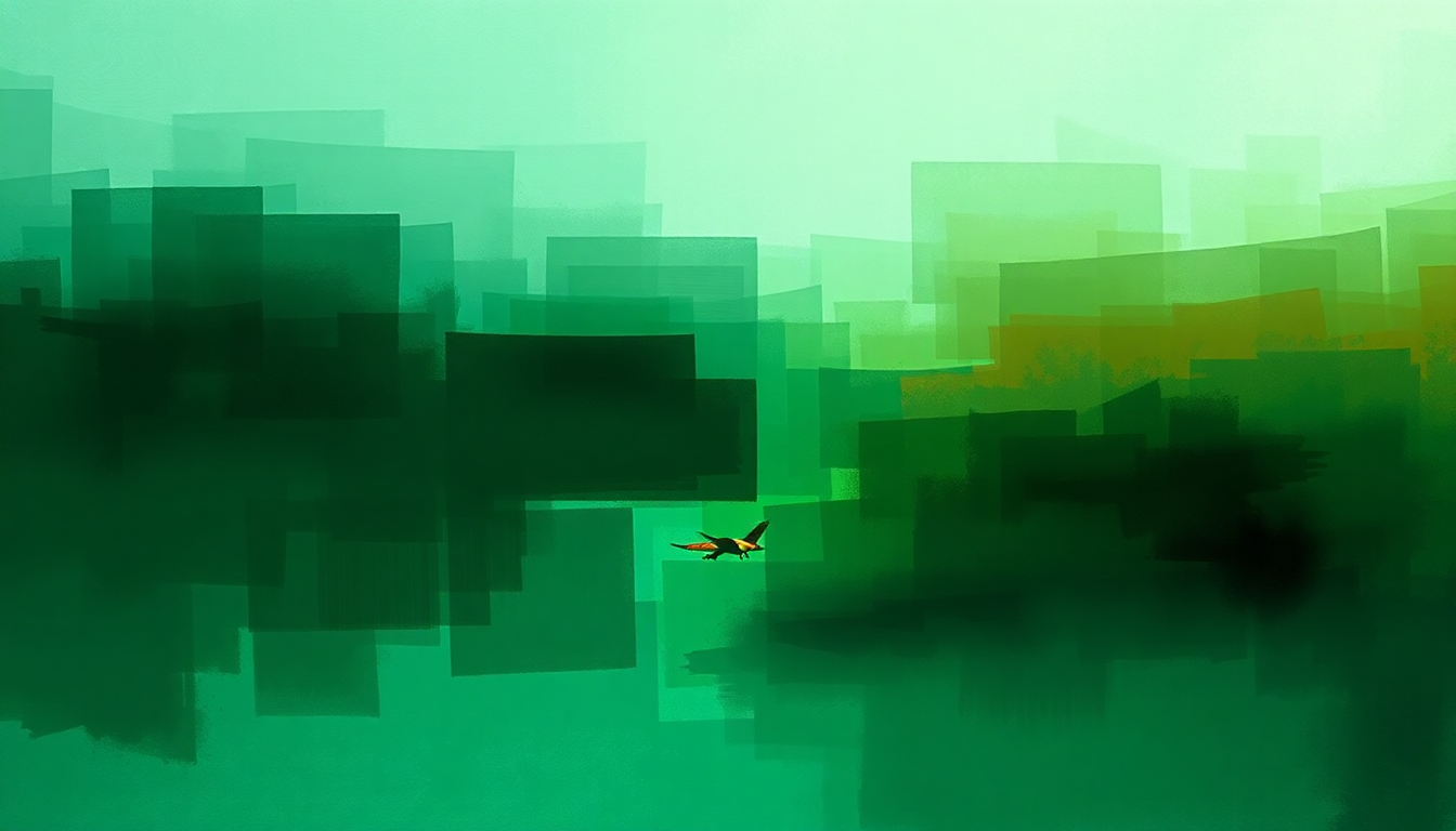Fan-driven abstract illustration evoking the emotional arc of Emerald Rush by Jon Hopkins