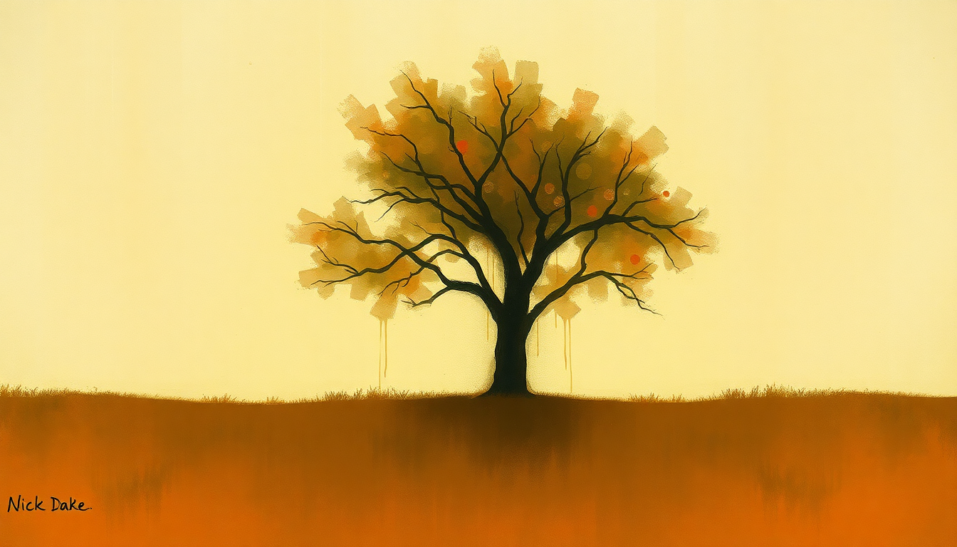 Fan-driven abstract illustration evoking the emotional arc of Fruit Tree by Nick Drake