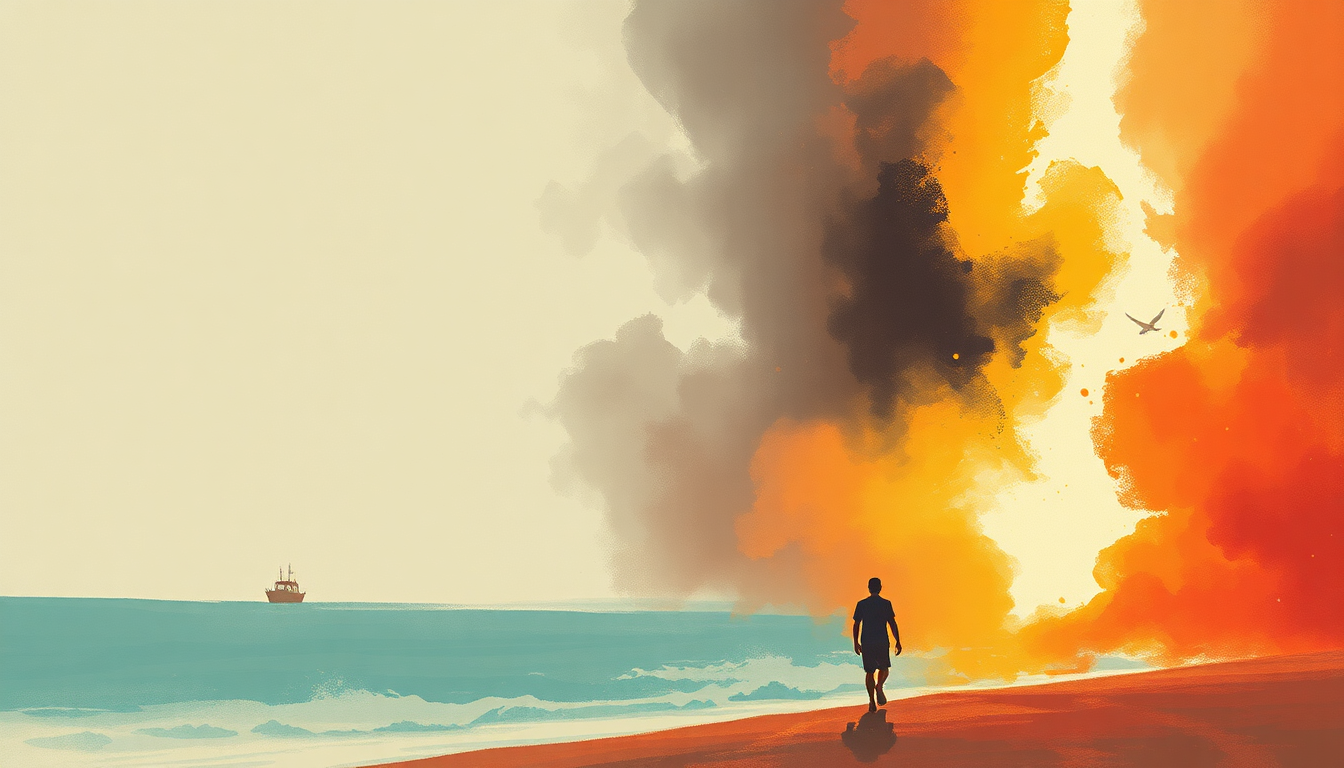 Fan-driven abstract illustration evoking the emotional arc of Getaway by Earth, Wind & Fire