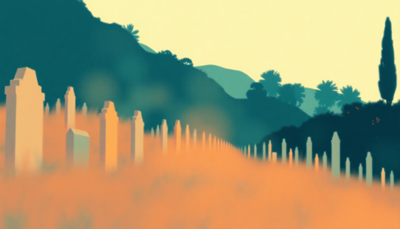 Fan-driven abstract illustration evoking the emotional arc of Hollywood Forever Cemetery Sings by Father John Misty