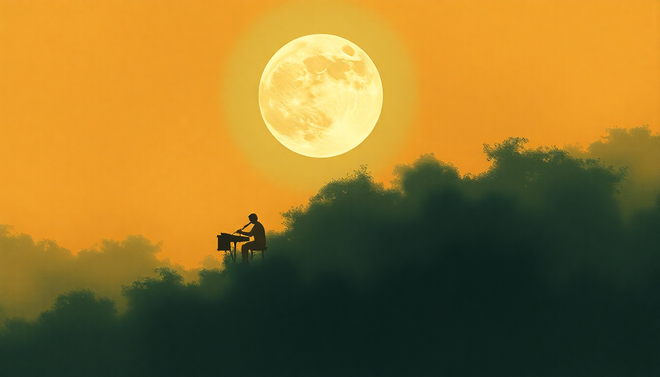 Fan-driven abstract illustration evoking the emotional arc of How High the Moon by Oscar Peterson