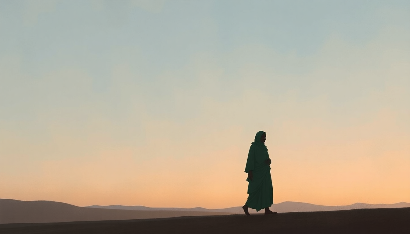 Fan-driven abstract illustration evoking the emotional arc of Imazaghen N Adagh by Tinariwen