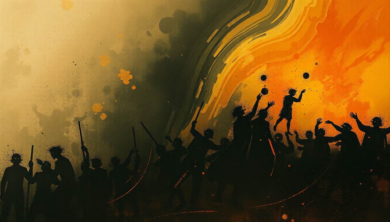 Fan-driven abstract illustration evoking the emotional arc of Les Noces by Igor Stravinsky