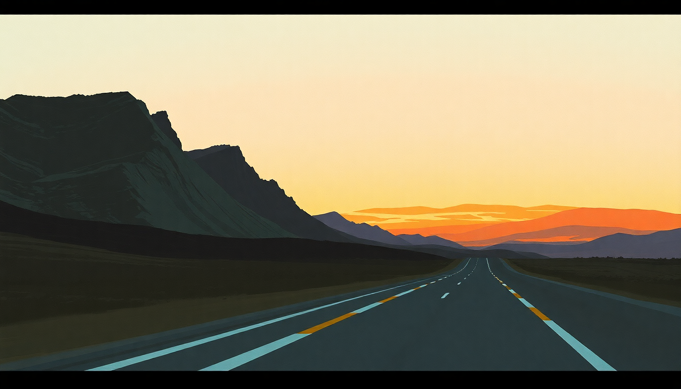 Fan-driven abstract illustration evoking the emotional arc of Life in the Fast Lane by Eagles