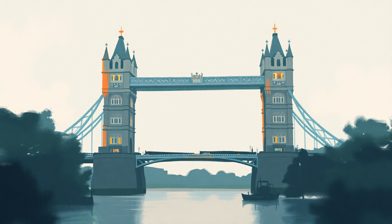 Fan-driven abstract illustration evoking the emotional arc of London Bridge Is Falling Down by Traditional