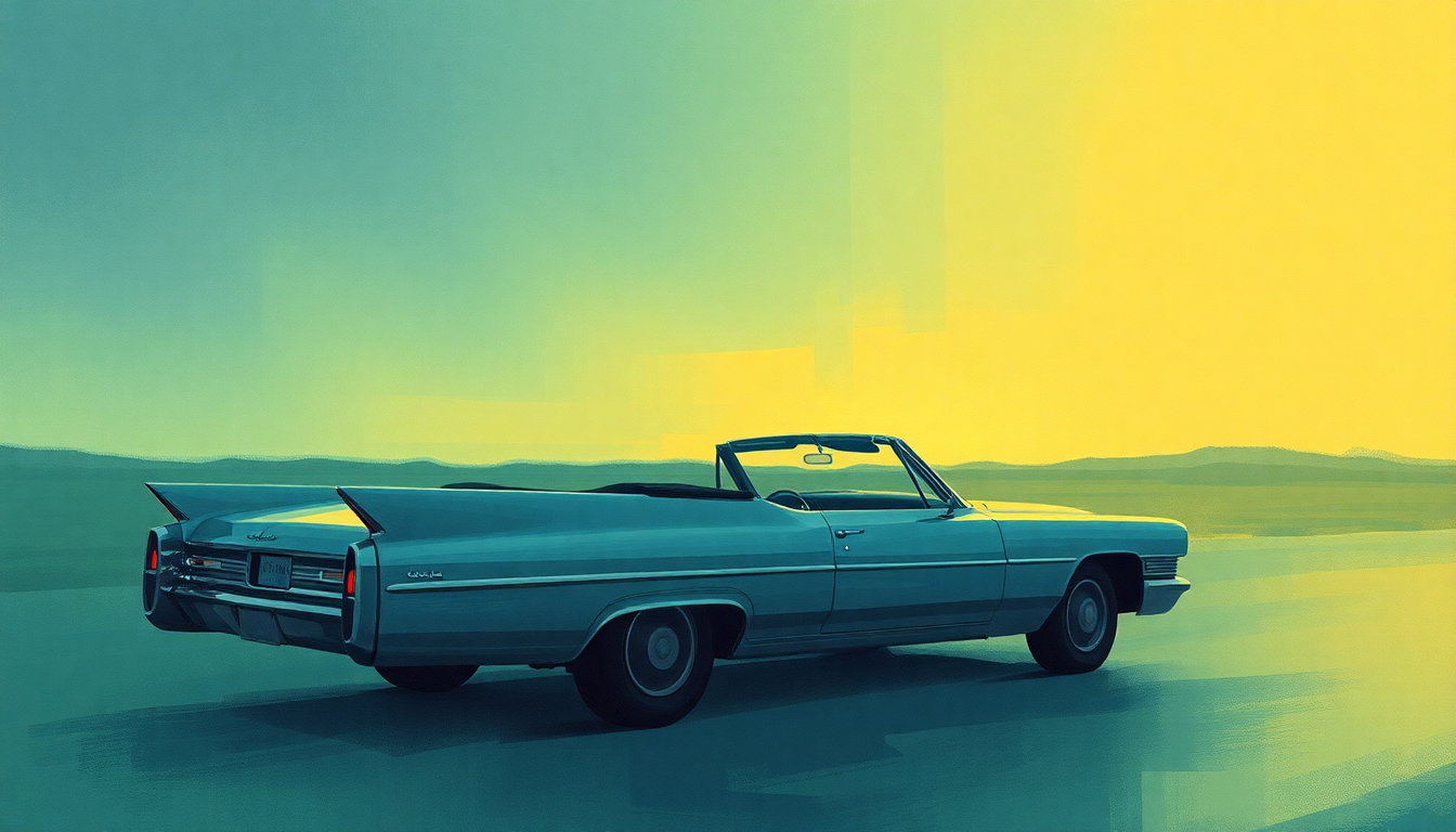 Fan-driven abstract illustration evoking the emotional arc of Long White Cadillac by Dwight Yoakam