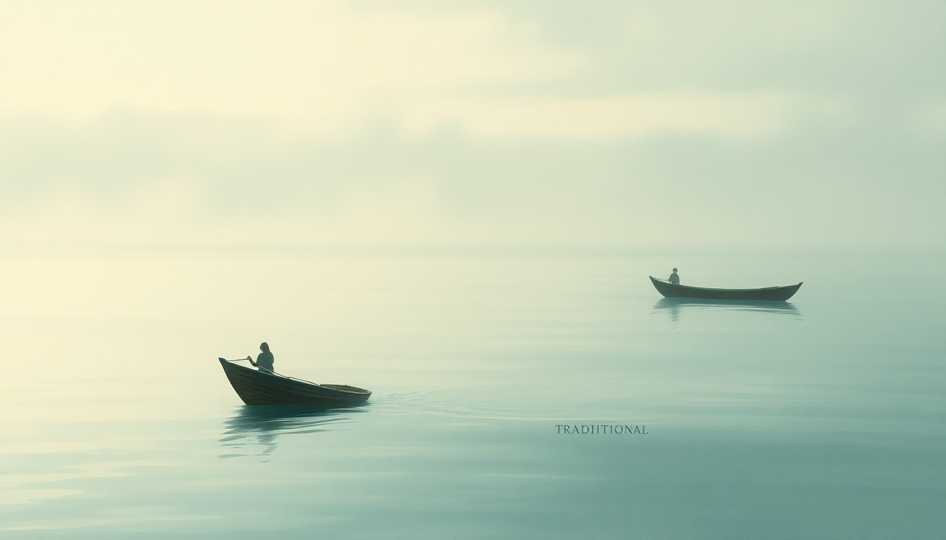 Fan-driven abstract illustration evoking the emotional arc of Michael, Row the Boat Ashore by Traditional