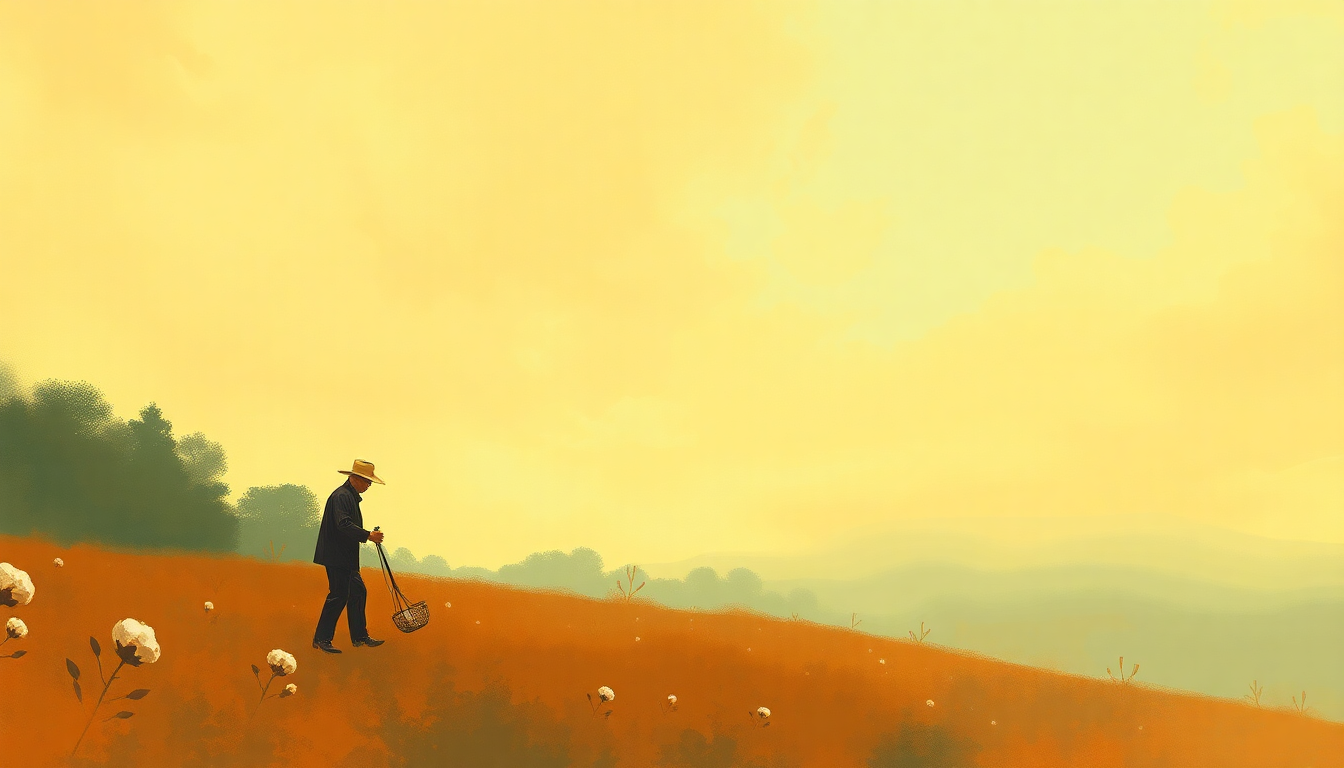 Fan-driven abstract illustration evoking the emotional arc of Mississippi Cotton Picking Delta Town by Charley Pride