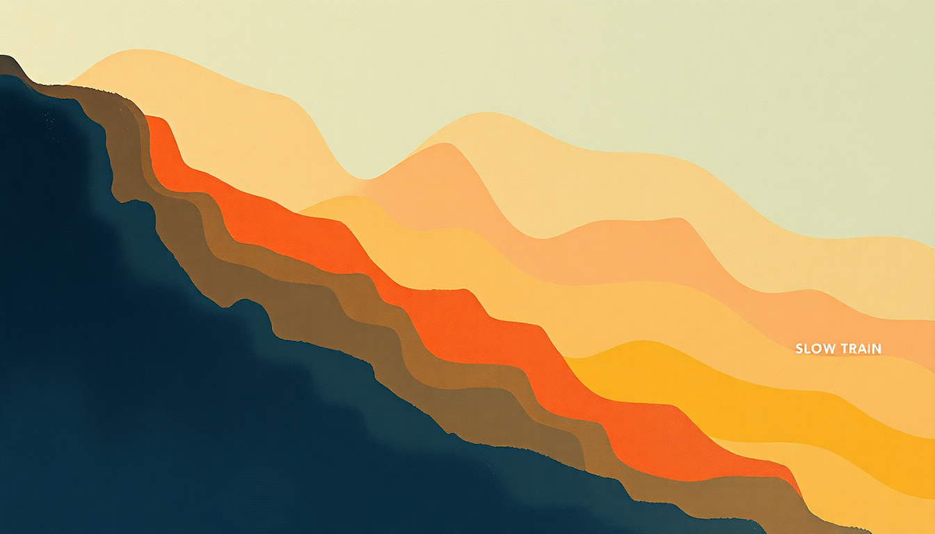 Fan-driven abstract illustration evoking the emotional arc of Slow Train by Bob Dylan