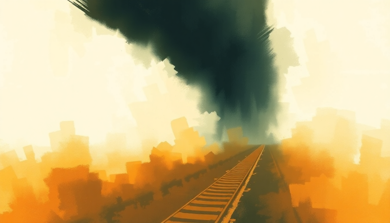 Fan-driven abstract illustration evoking the emotional arc of Steel Rail Blues by Gordon Lightfoot