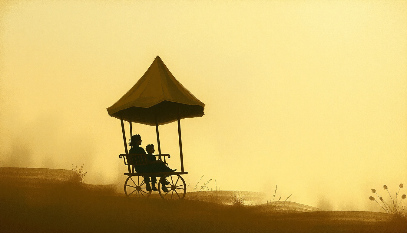 Fan-driven abstract illustration evoking the emotional arc of Swing Low Sweet Chariot by Joan Baez