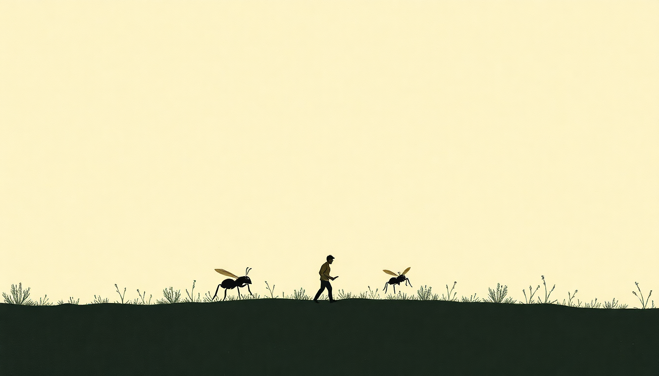 Fan-driven abstract illustration evoking the emotional arc of The Ants Go Marching In by Susie Tallman