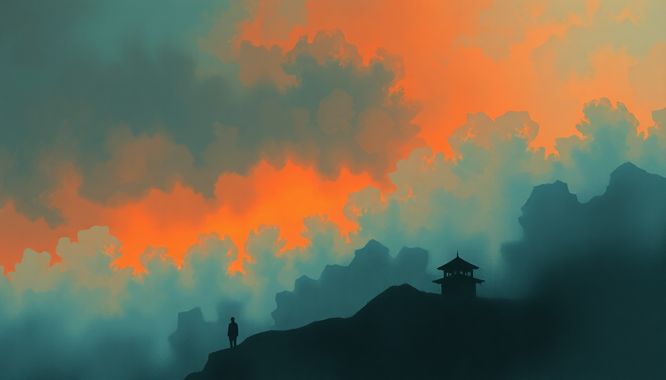 Fan-driven abstract illustration evoking the emotional arc of The Flames Beyond the Cold Mountain by Mono