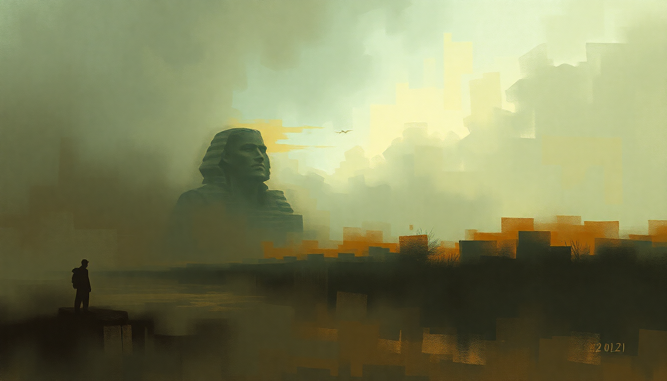 Fan-driven abstract illustration evoking the emotional arc of The Sphinx in the Face by Van der Graaf Generator