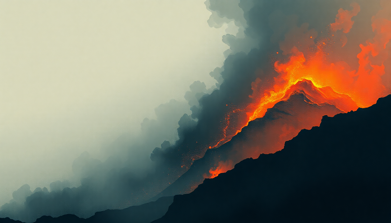 Fan-driven abstract illustration evoking the emotional arc of Volcano by Swans