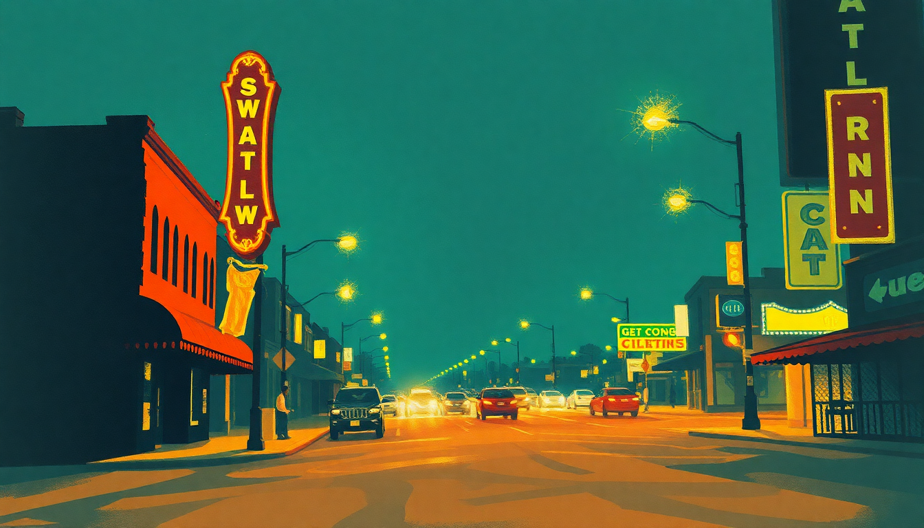 Fan-driven abstract illustration evoking the emotional arc of Walking Down Broadway by Link Wray