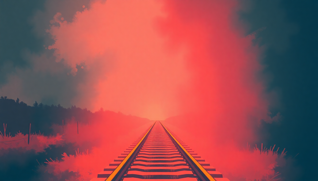 Fan-driven abstract illustration evoking the emotional arc of Workin' on the Railroad by Raffi