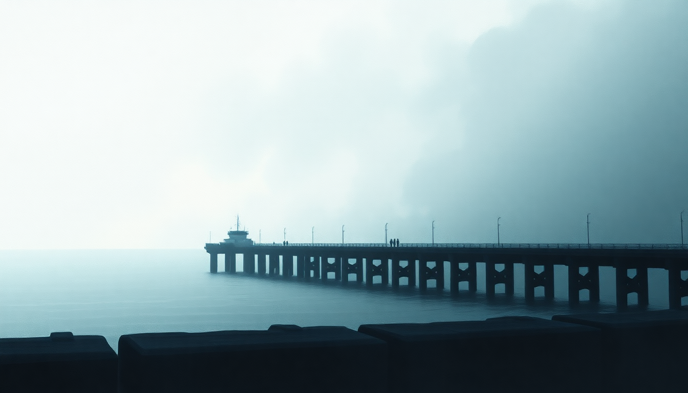 Fan-driven abstract illustration evoking the emotional arc of Yearning the Distant Pier by Mono